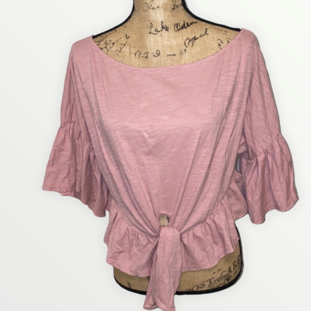 Mustard Seed Pink Ruffled Top - Cropped Fit with Front Tie